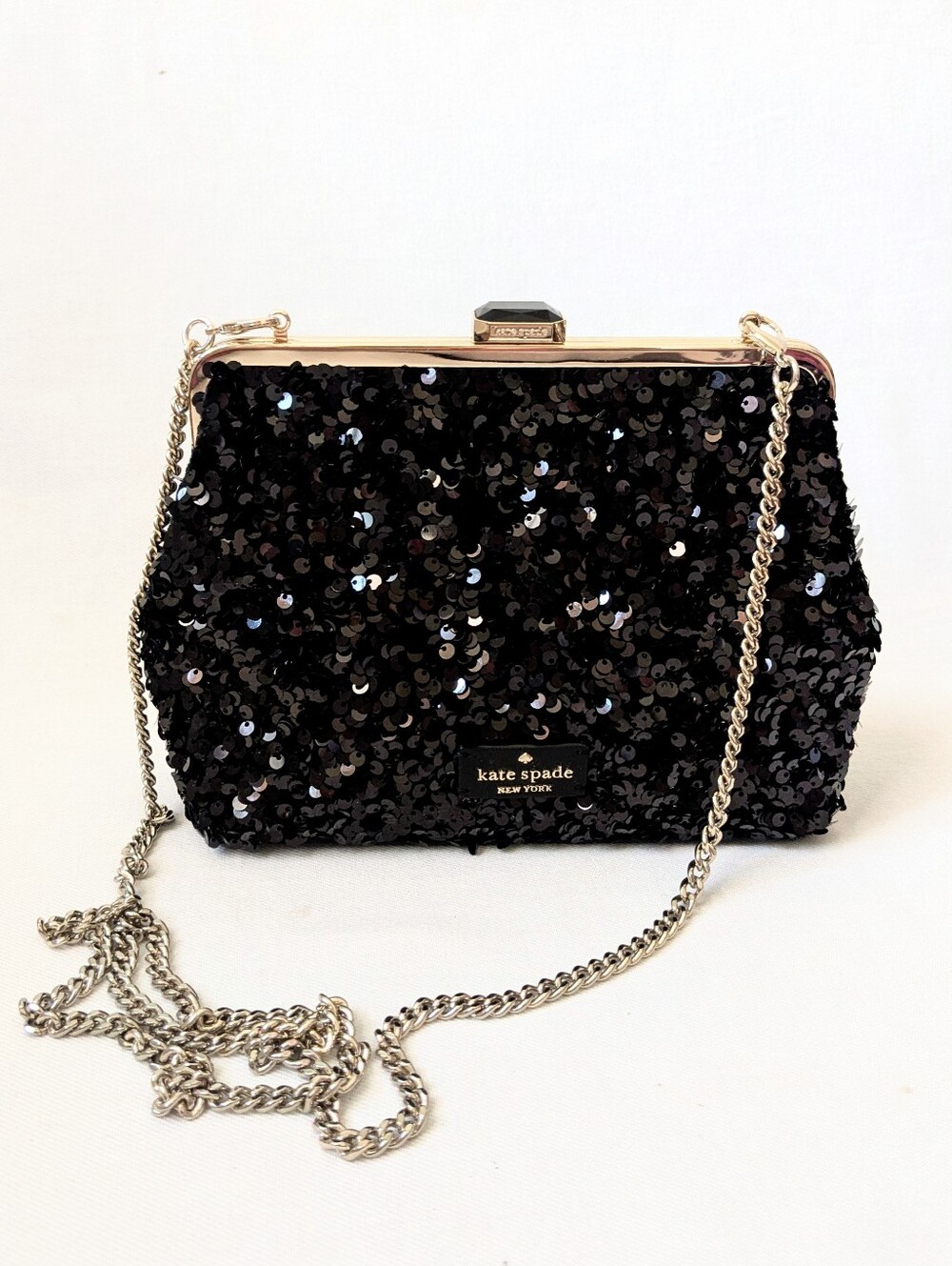 Kate Spade Black Sequin Jewel Frame Clutch Bag Pale Gold Chain